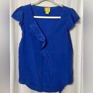 Maeve x Anthropologie Blue Silk Ruffled Wrap Blouse Size 10